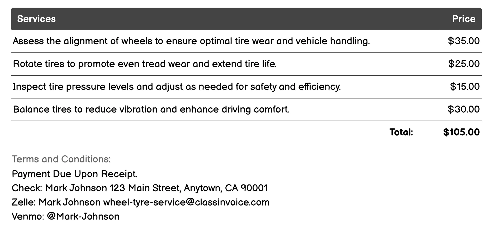 Tire Storage Advice Invoice Example