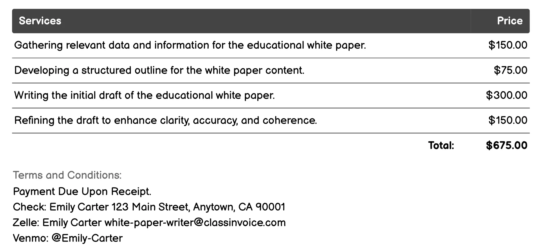 Educational White Papers Invoice Example