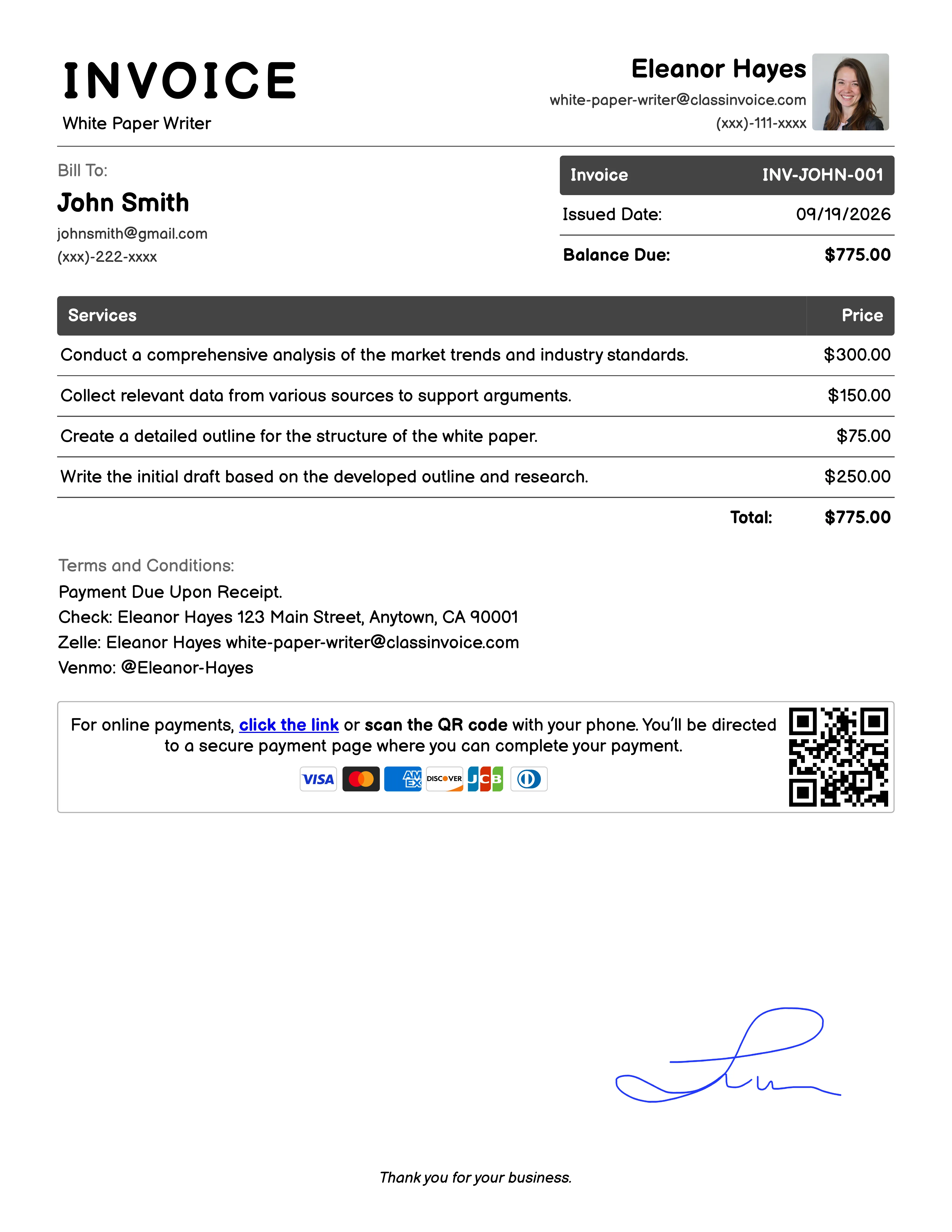 White Paper Writer Invoice Example