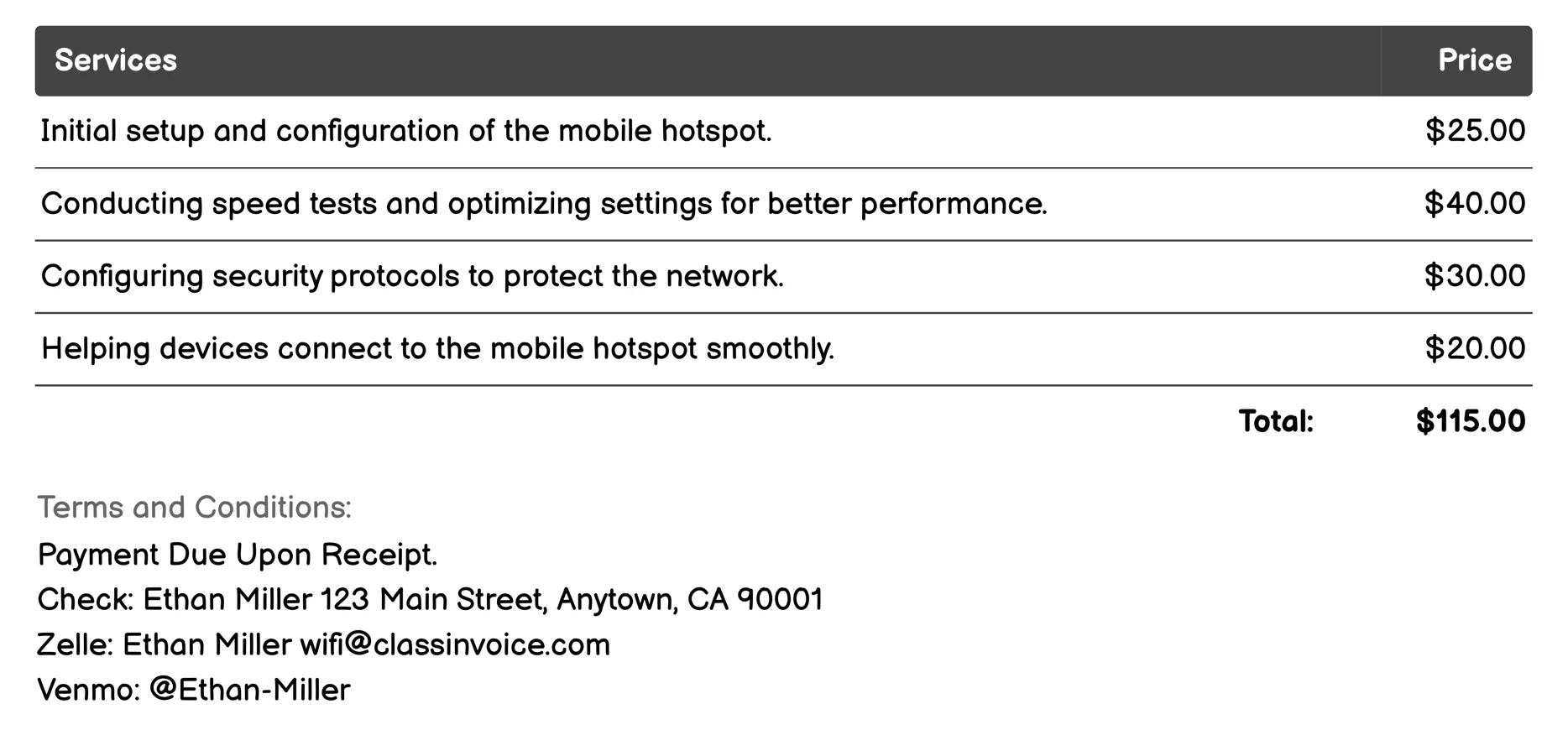Mobile Hotspot Invoice Example