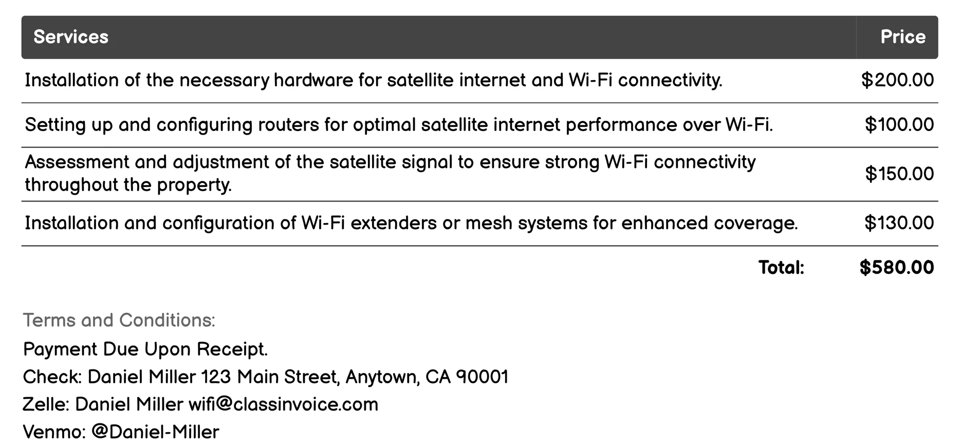 Satellite Internet Service Invoice Example