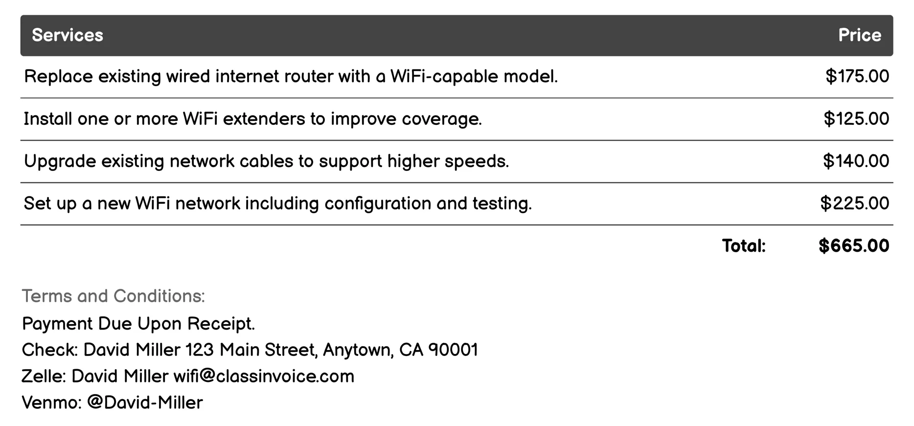 Wired Internet Access Invoice Example