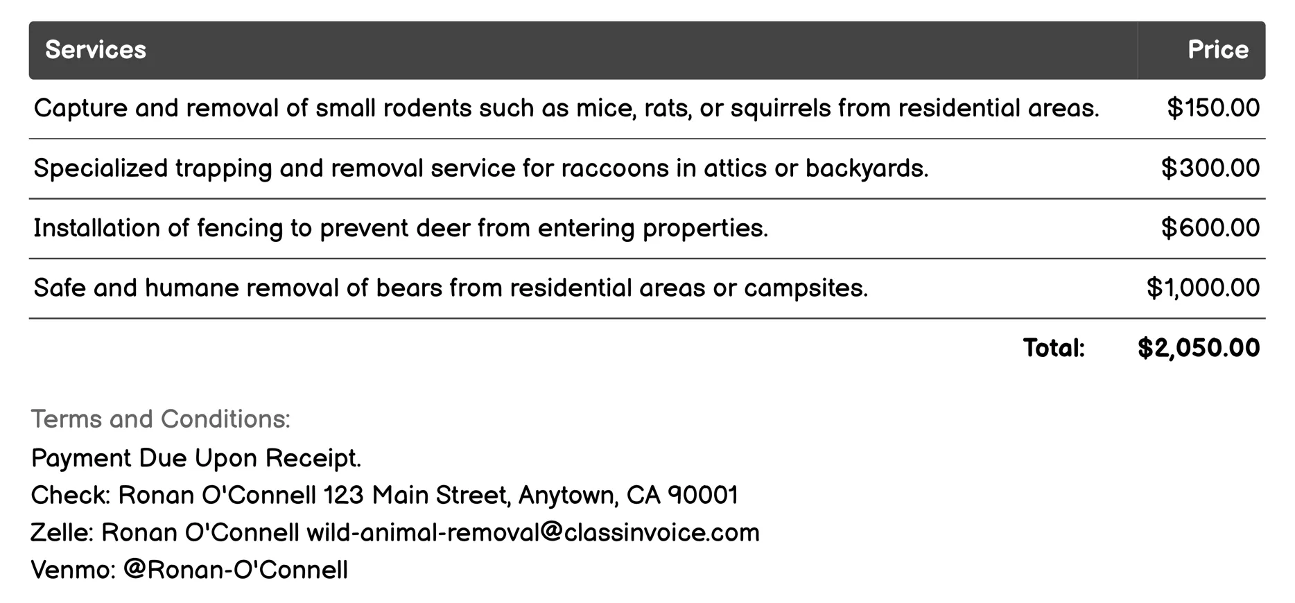 Live Trapping Services Invoice Example