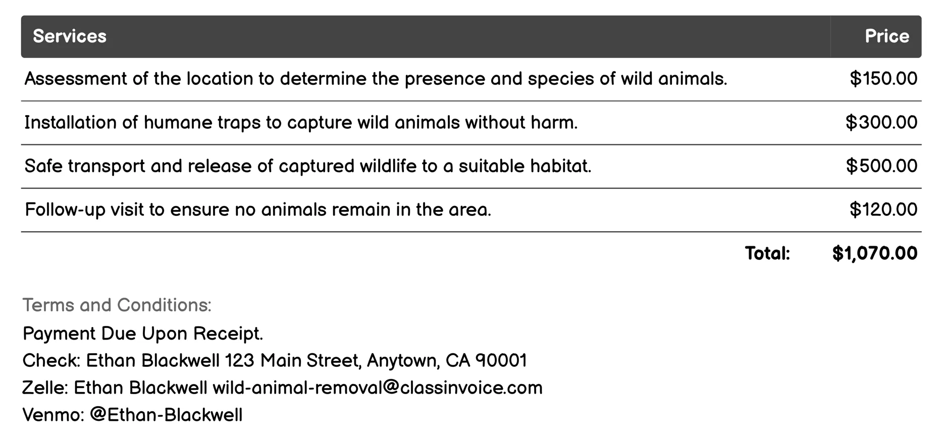Trapping and Relocation Invoice Example