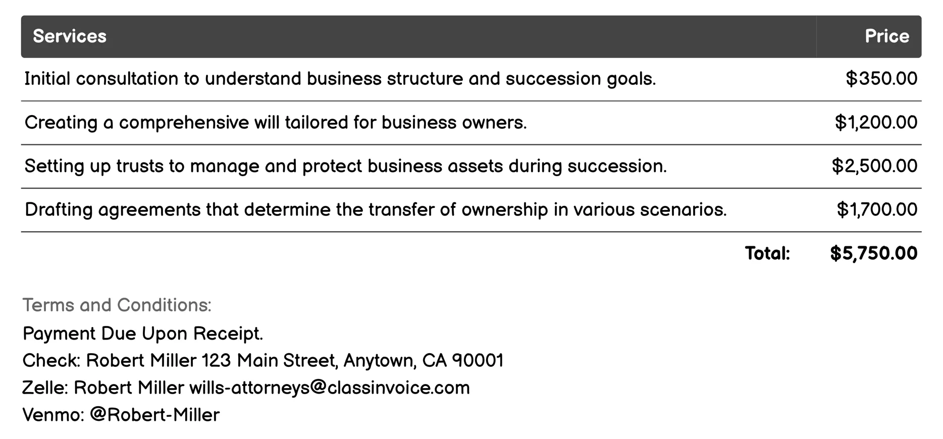 Business Succession Planning Invoice Example