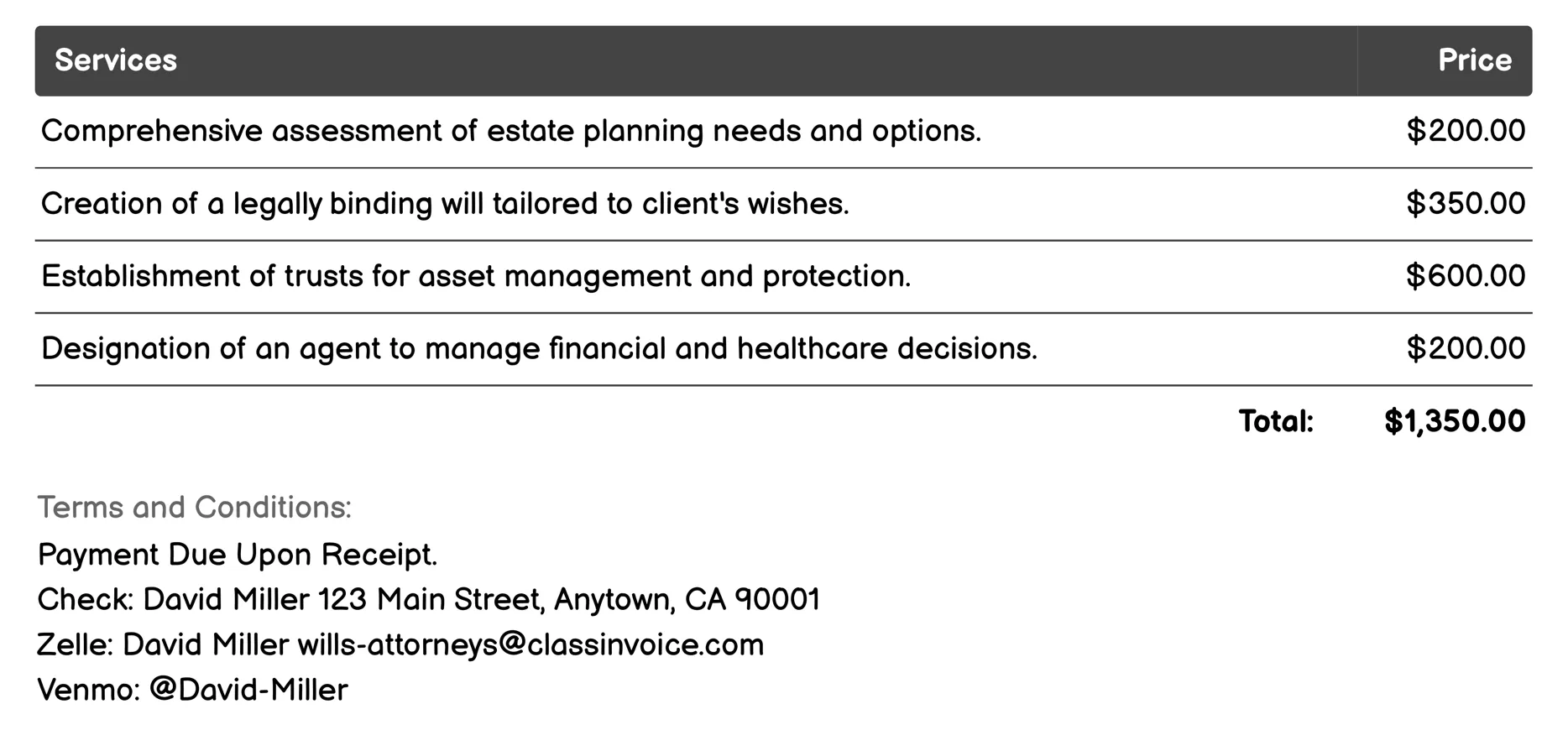 Elder Law Services Invoice Example