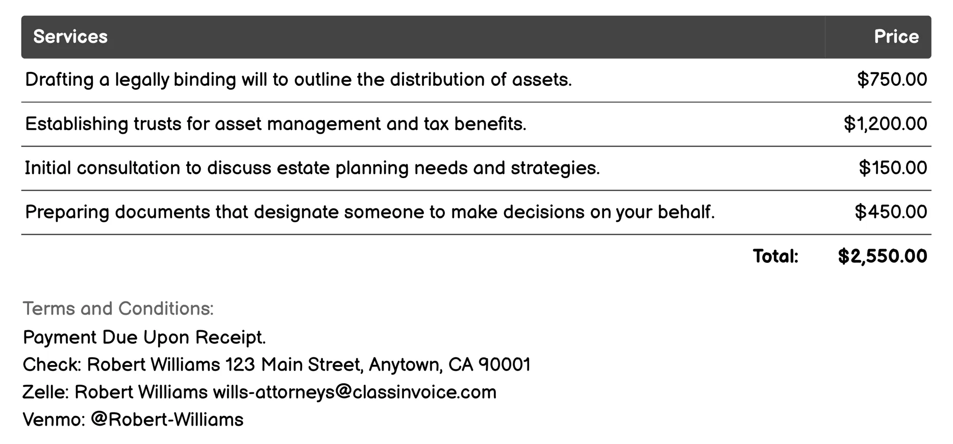 Estate Planning Invoice Example