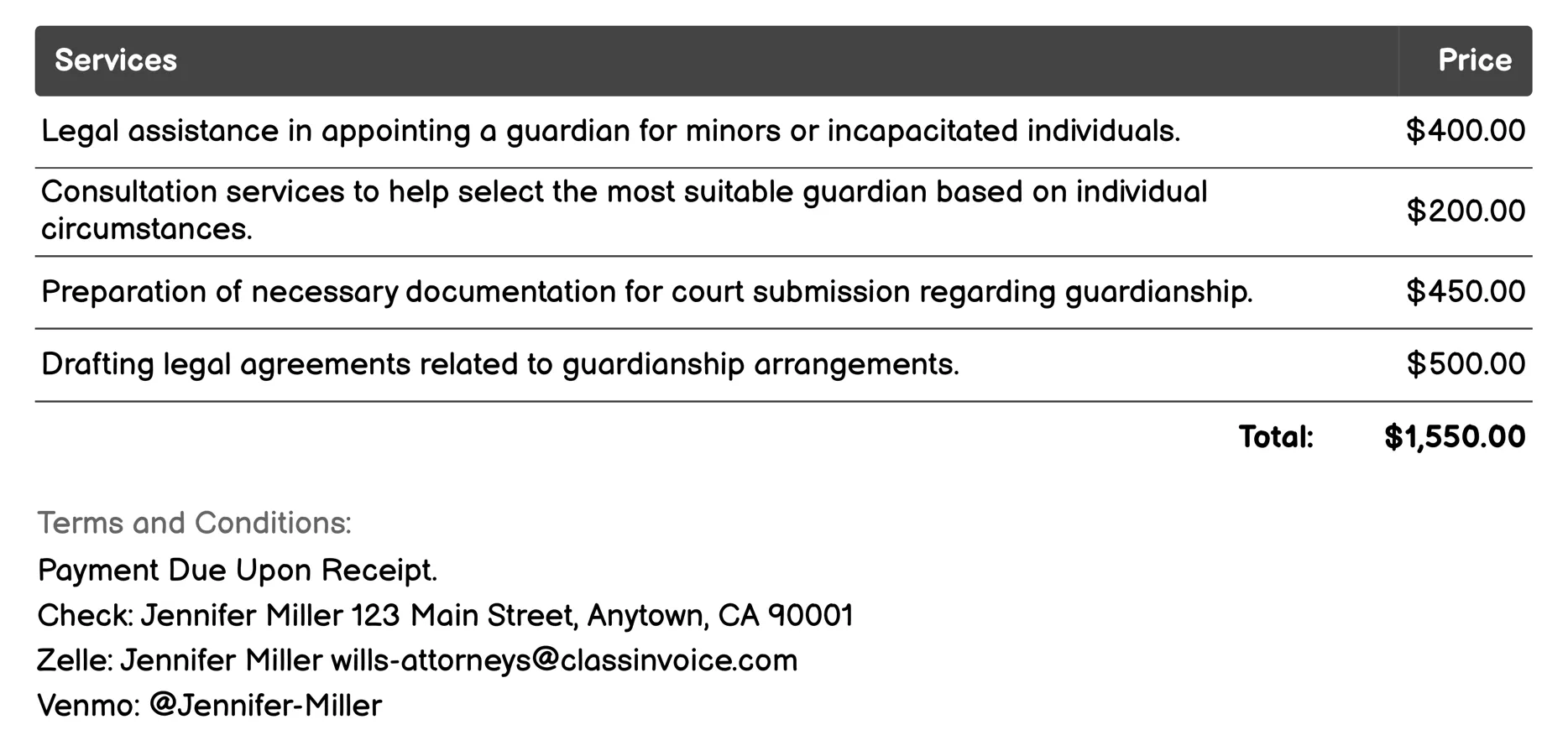 Guardianship Arrangements Invoice Example