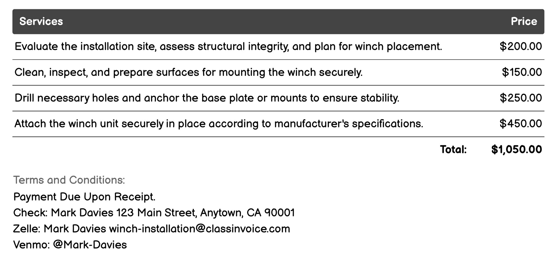 Marine Winch Installation Invoice Example