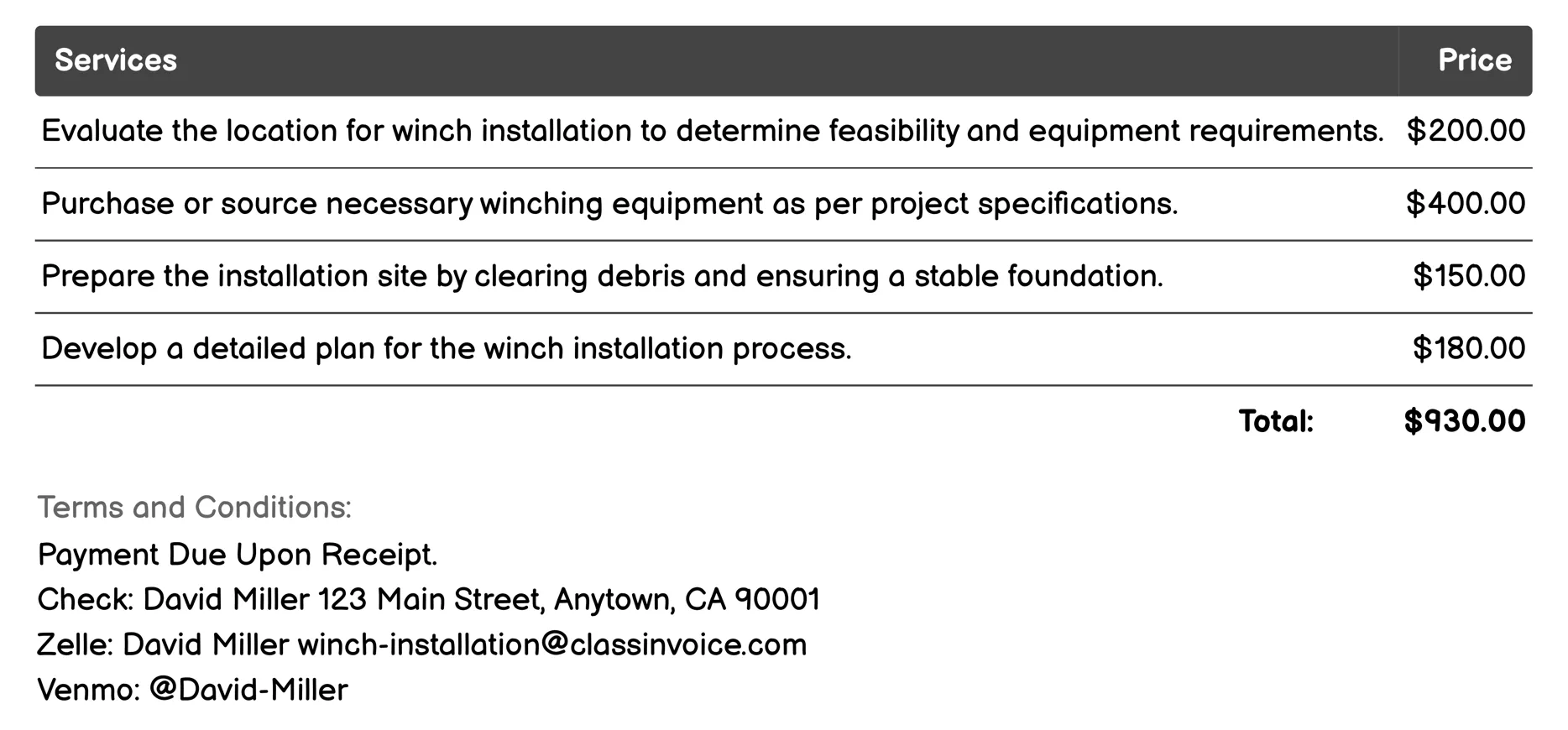 Rescue Winch Installation Invoice Example