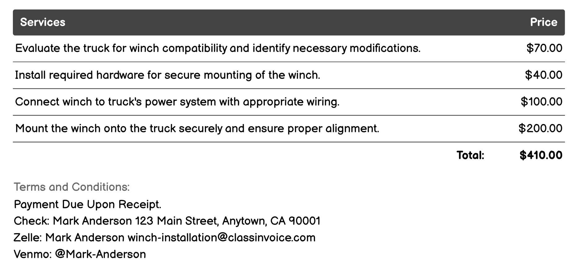 Truck Winch Installation Invoice Example
