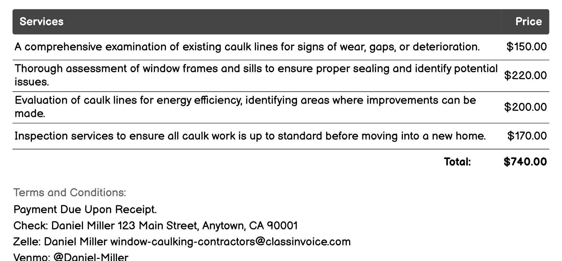 Caulk Inspection Services Invoice Example