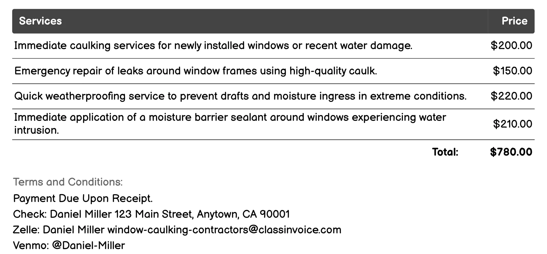 Emergency Caulking Services Invoice Example