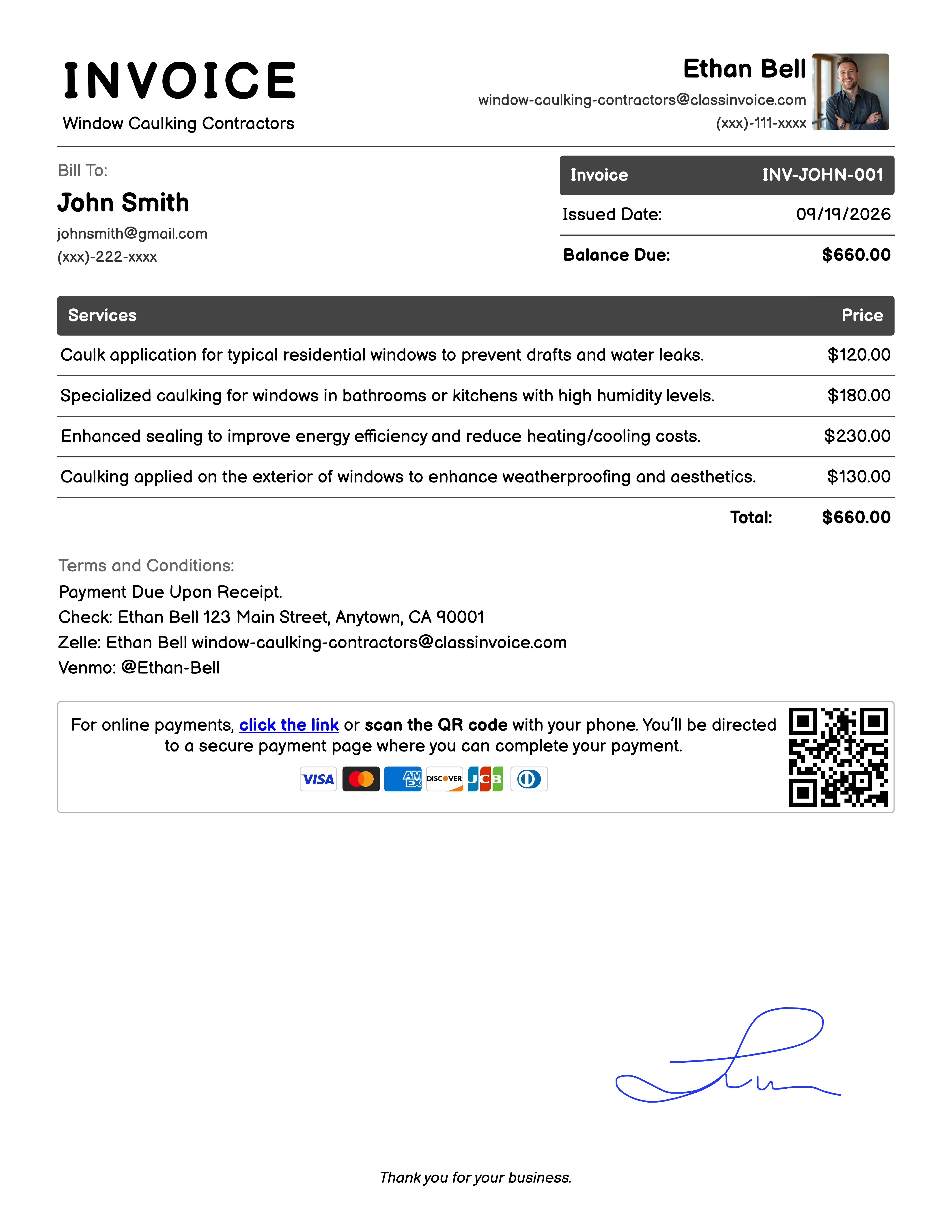 Window Caulking Contractors Invoice Example