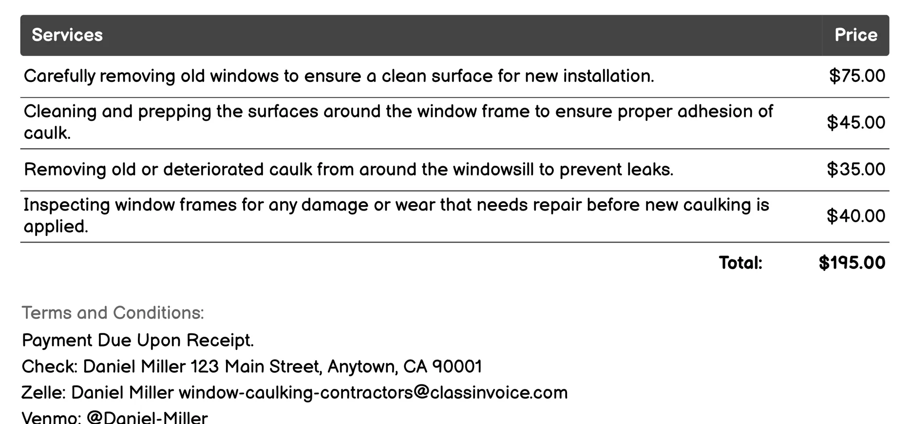 Window Replacement Preparation Invoice Example