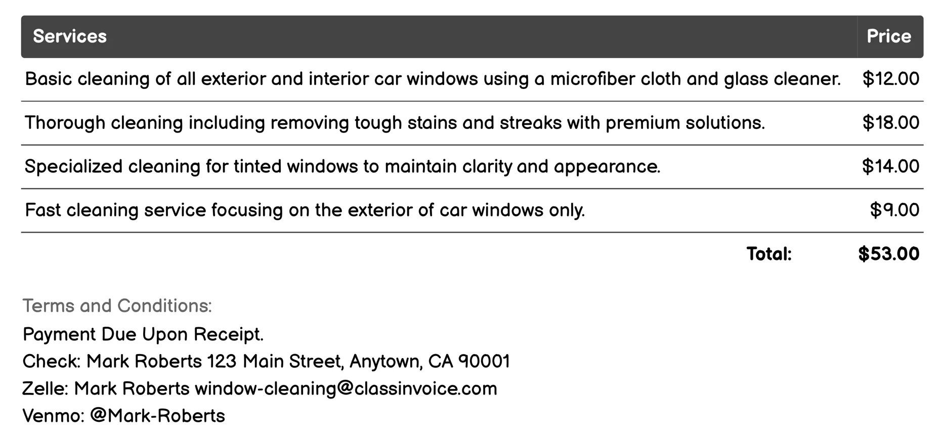 Car Window Cleaning Invoice Example