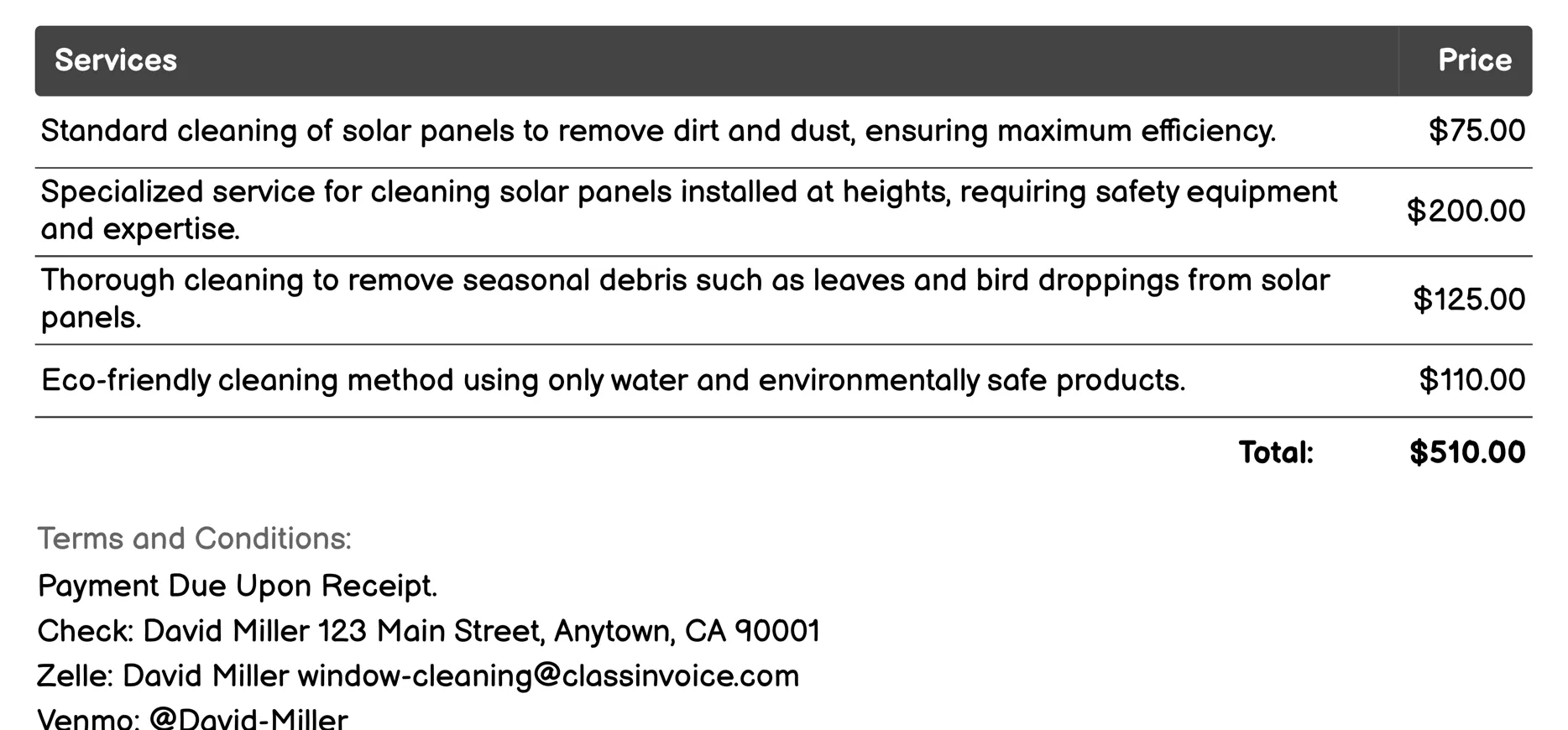Solar Panel Window Cleaning Invoice Example