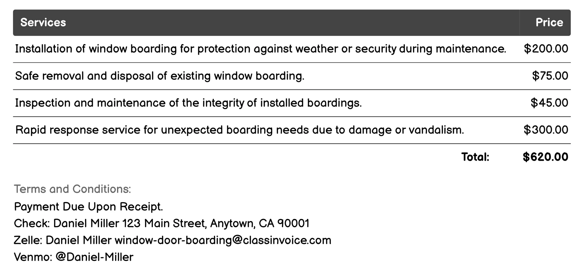Window Cleaning & Maintenance Invoice Example