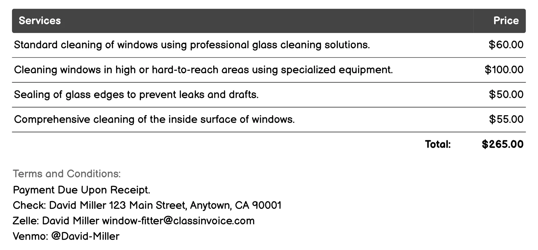 Glass Cleaning and Sealing Invoice Example