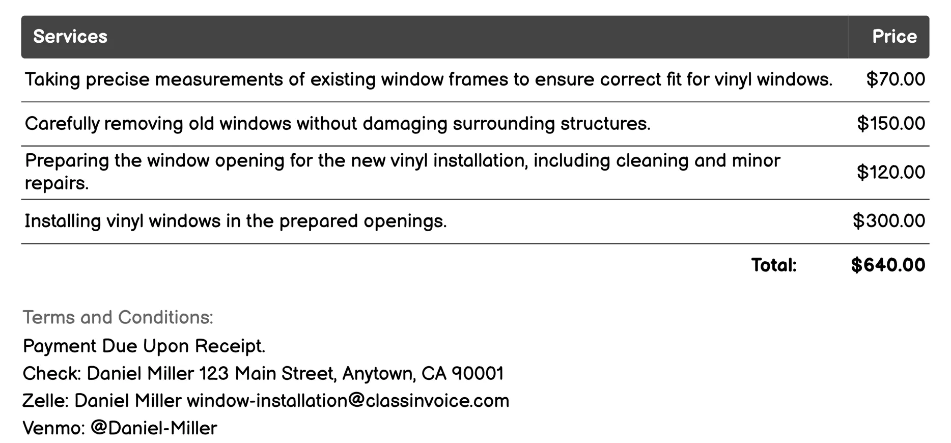 Vinyl Window Installation Invoice Example