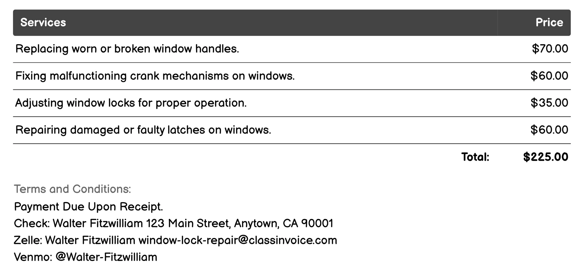 Handle and Crank Repair Invoice Example
