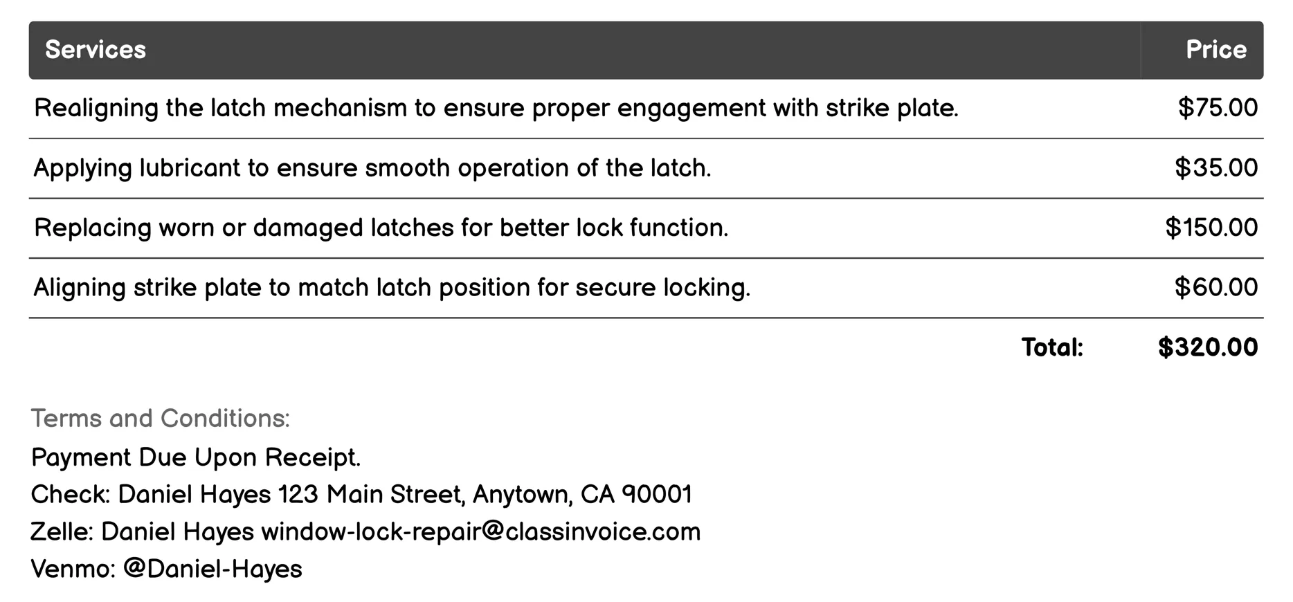Latch Alignment Adjustment Invoice Example