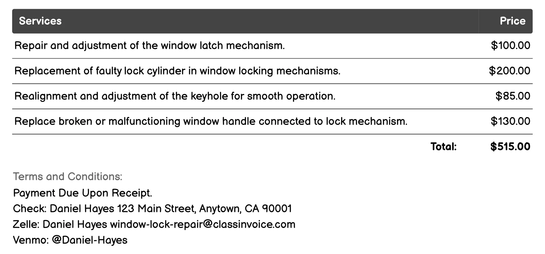 Latch and Lock Mechanism Repair Invoice Example