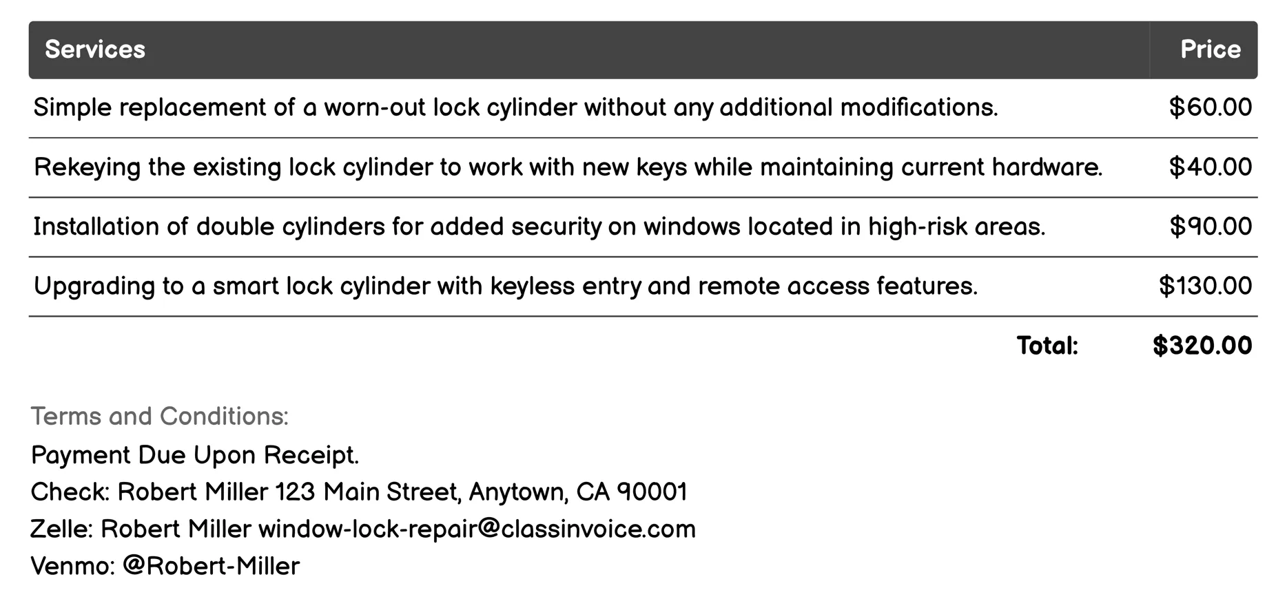 Lock Cylinder Replacement Invoice Example