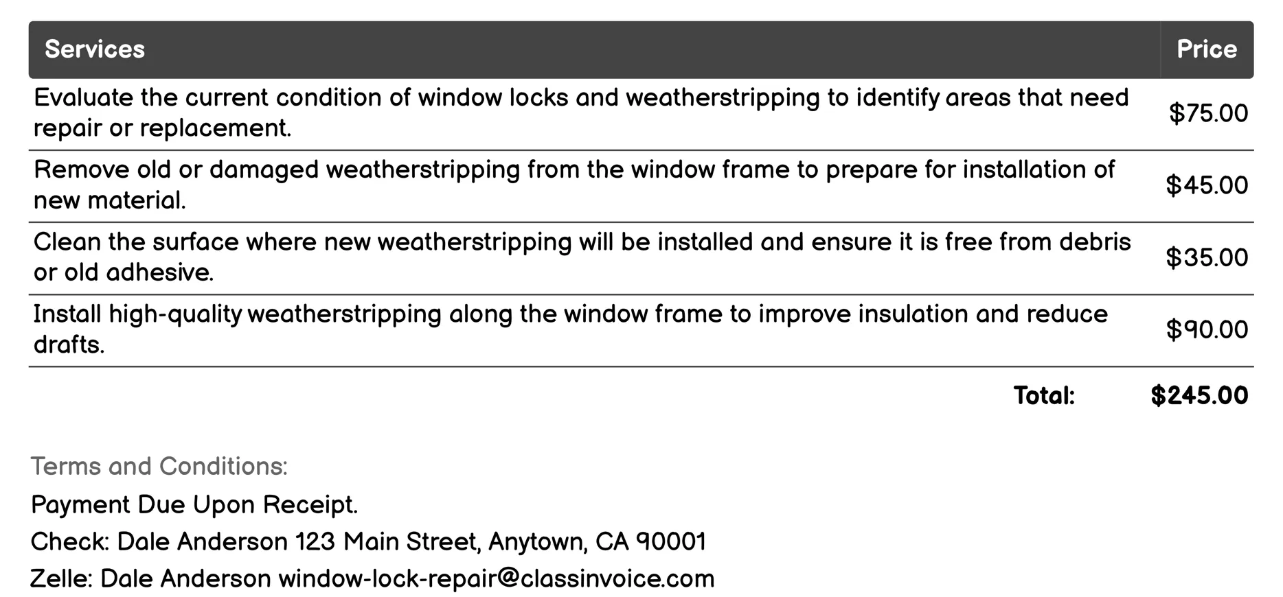 Weatherstripping Installation Invoice Example