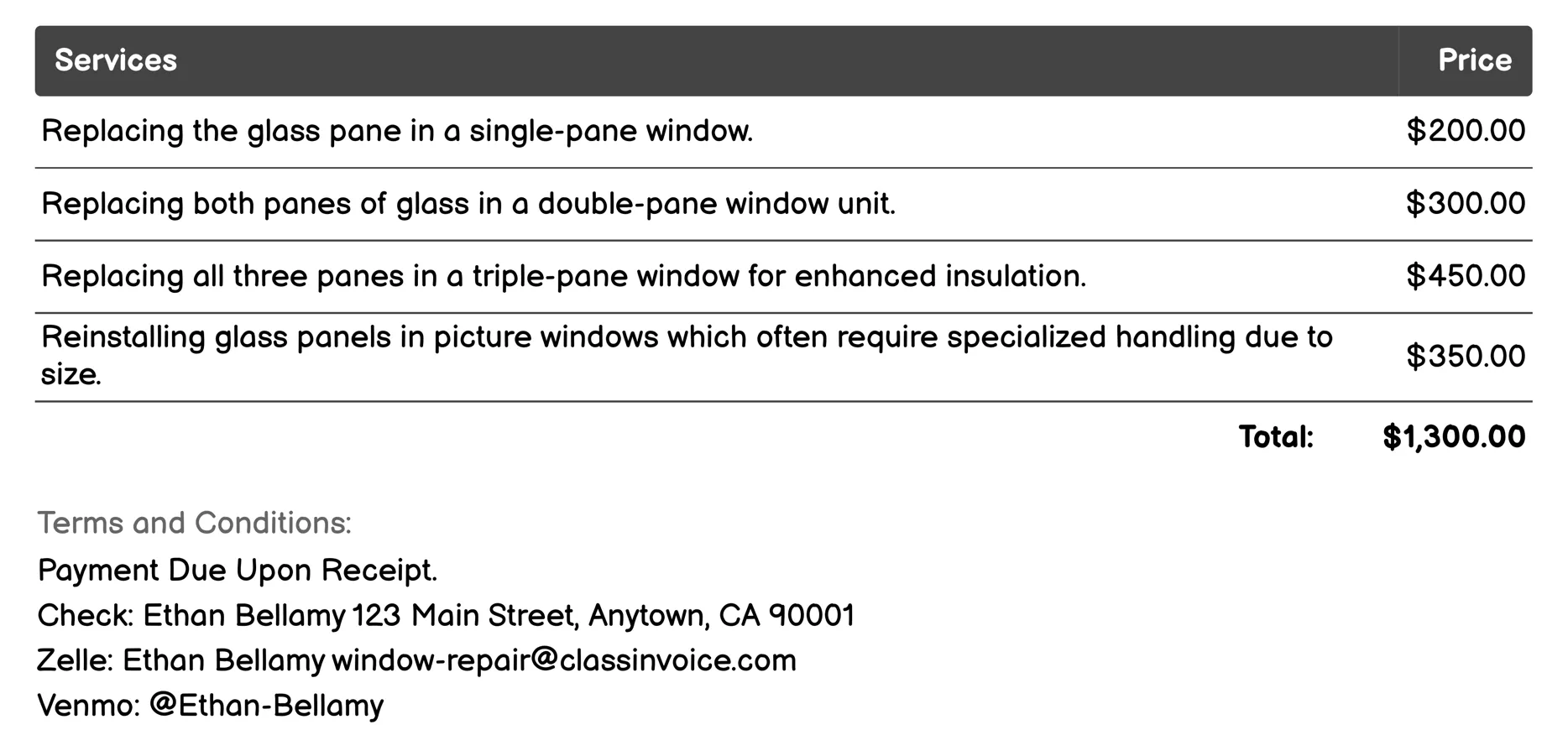 Glass Replacement Invoice Example