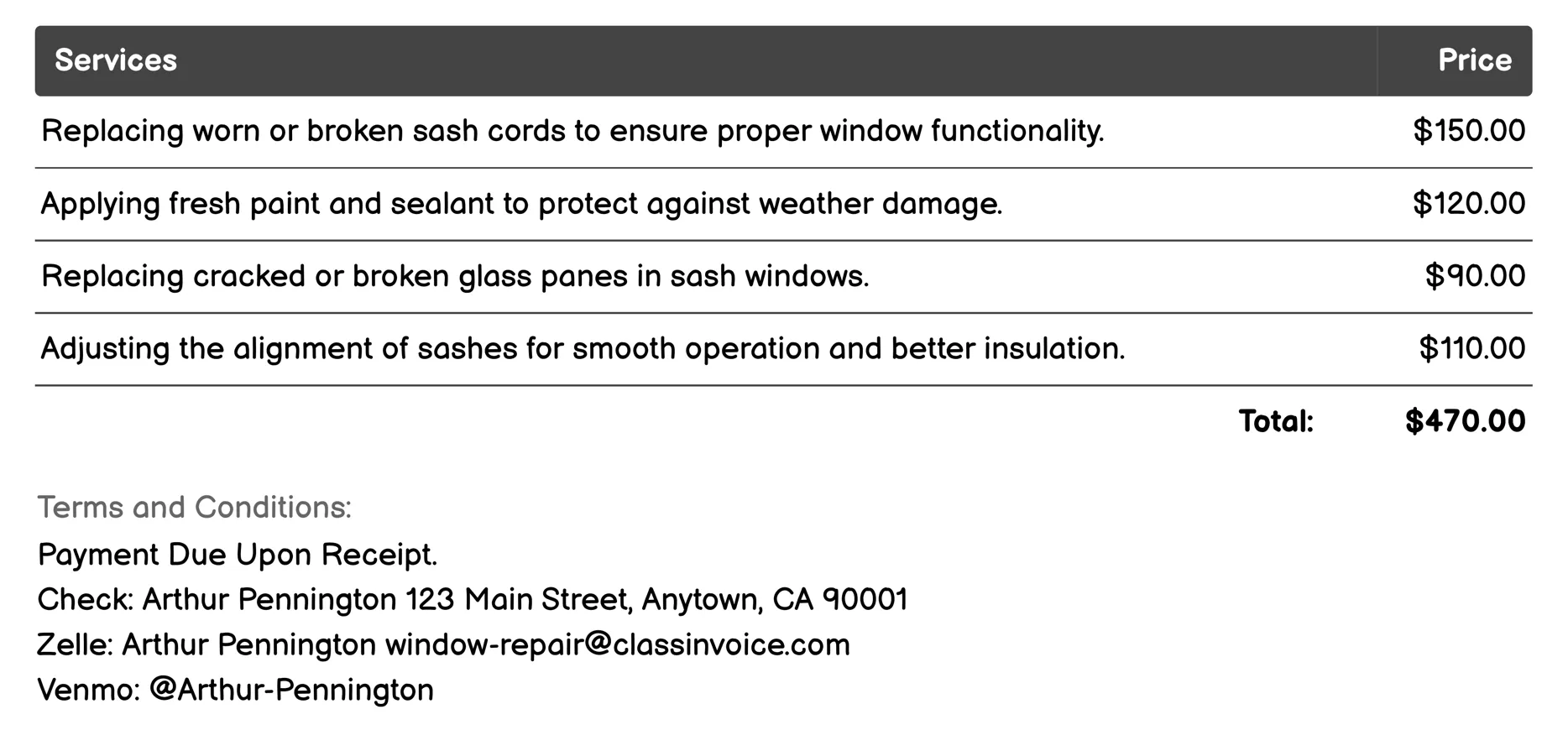 Sash Repair Invoice Example