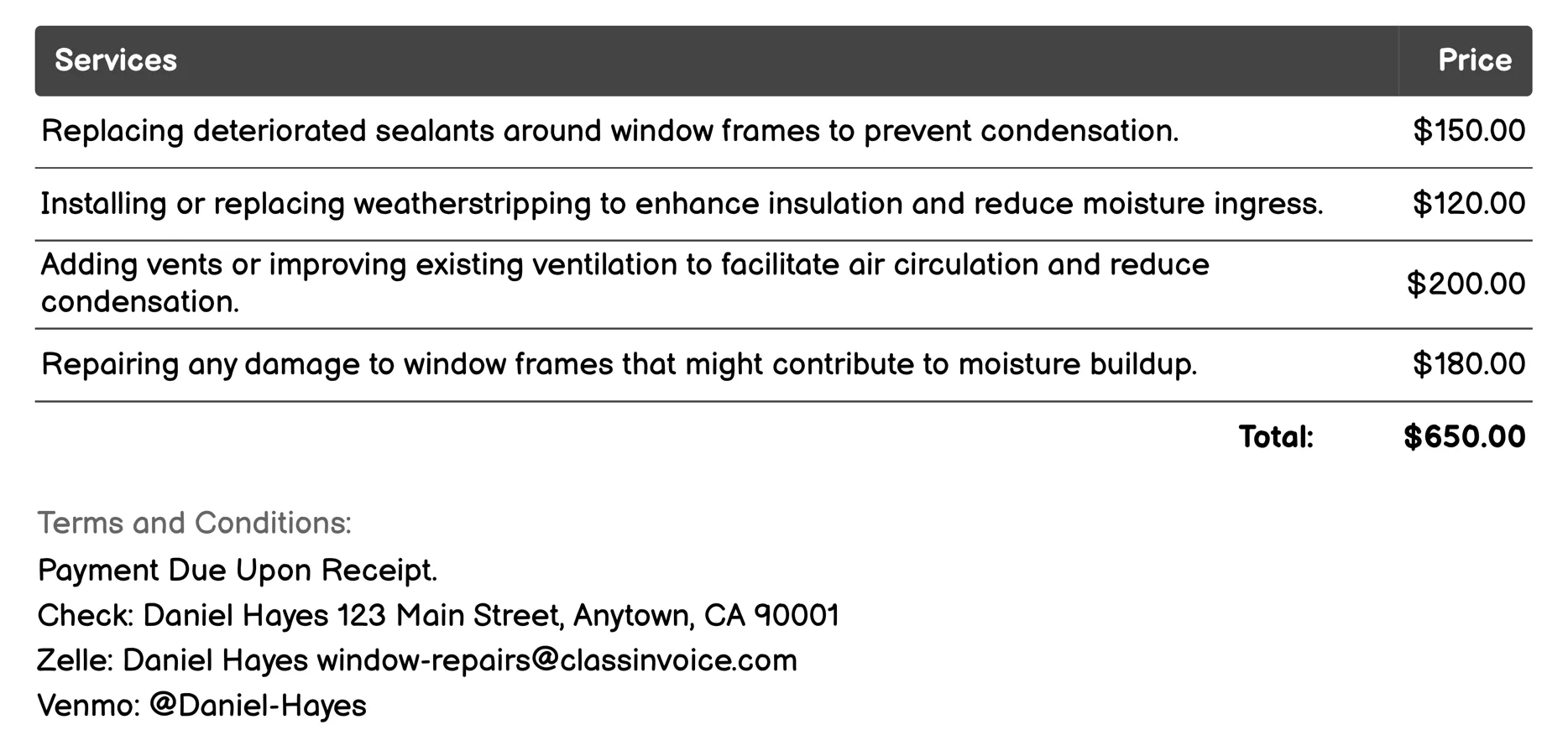 Condensation Removal Invoice Example