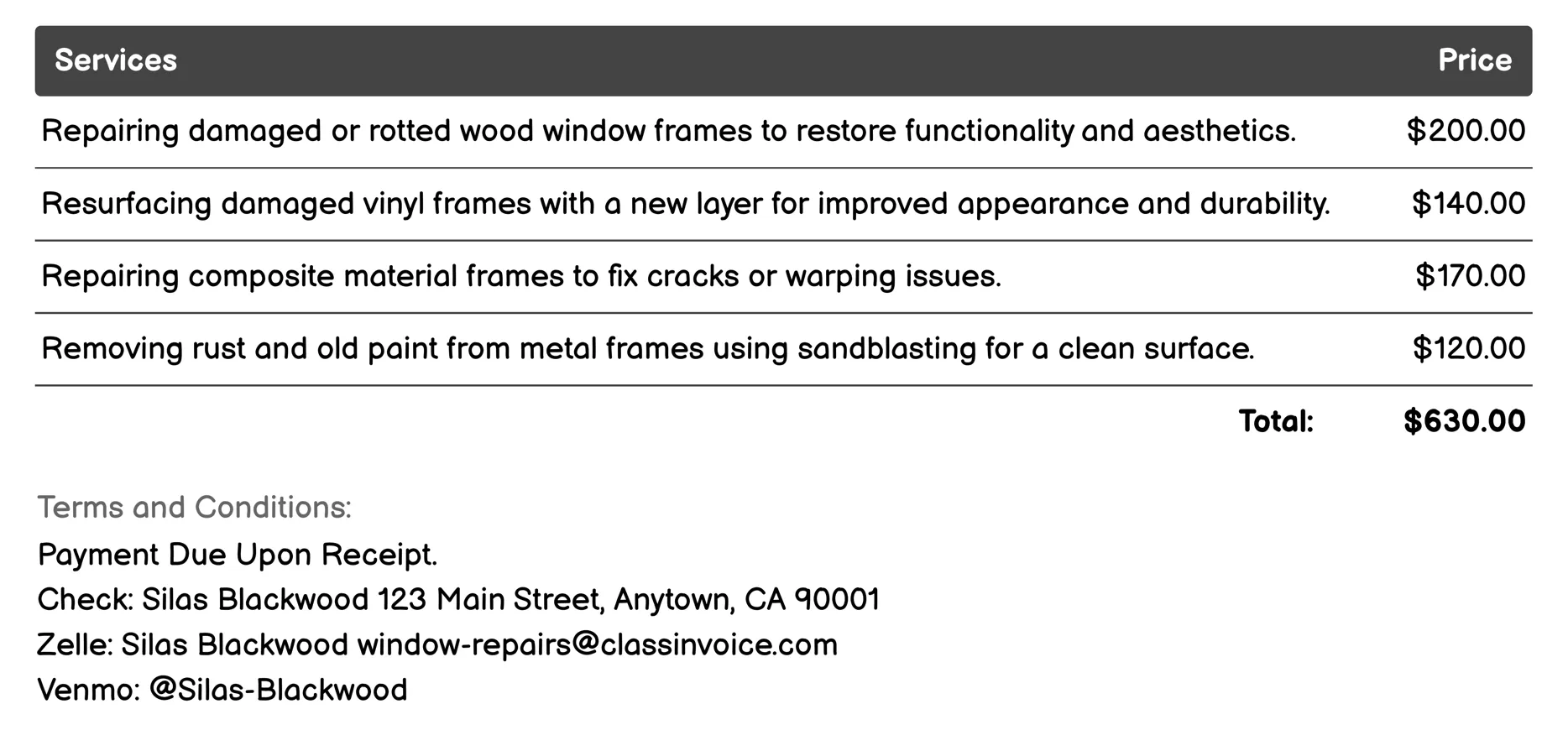 Frame Repair and Painting Invoice Example