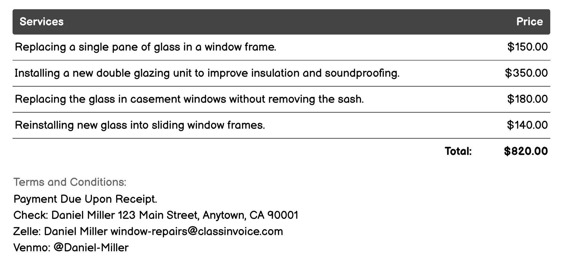 Glass Replacement Invoice Example