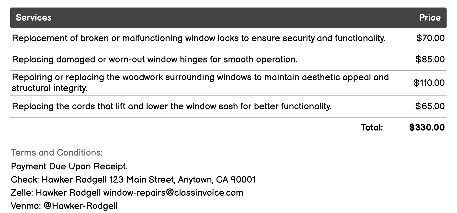 Hardware Installation/Replacement Invoice Example