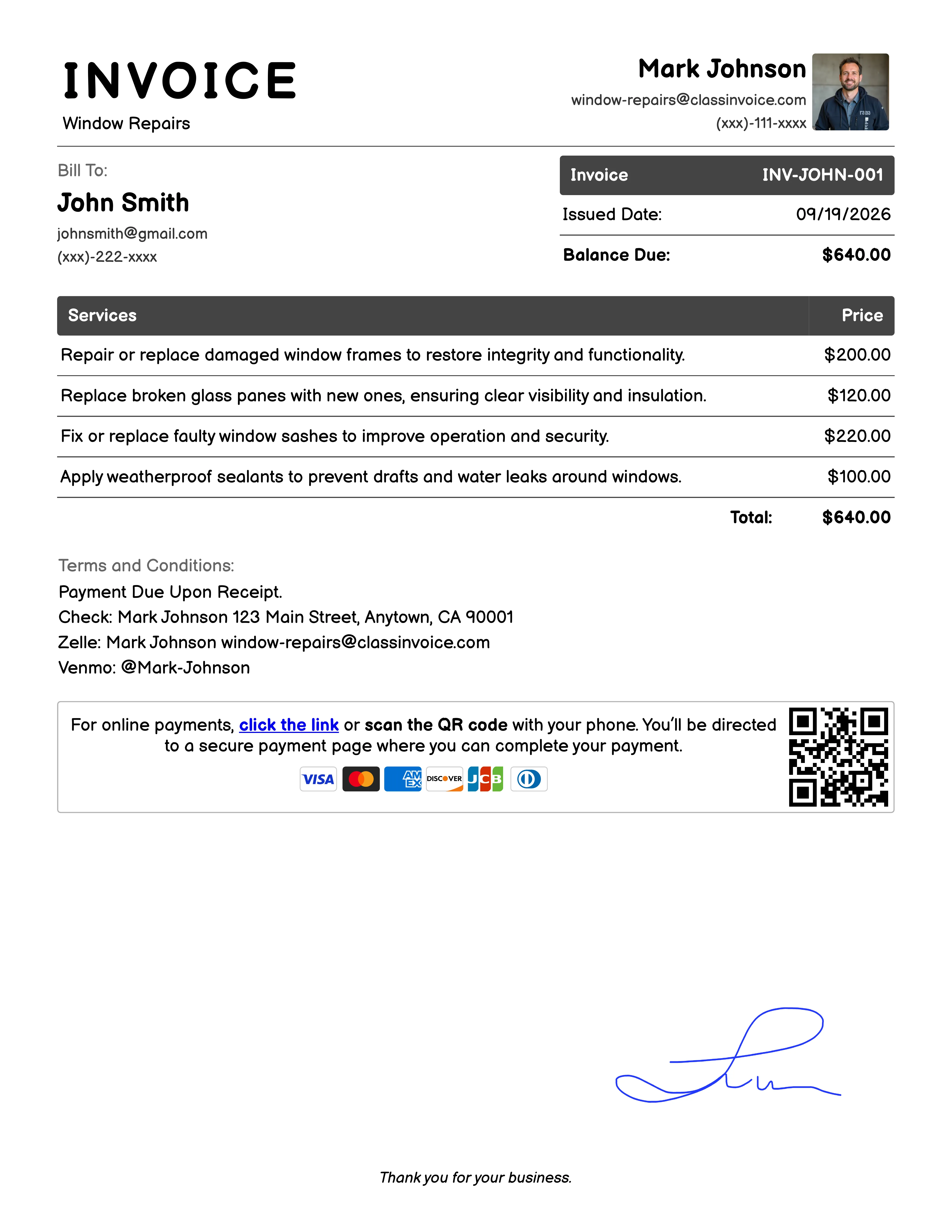 Window Repairs Invoice Example