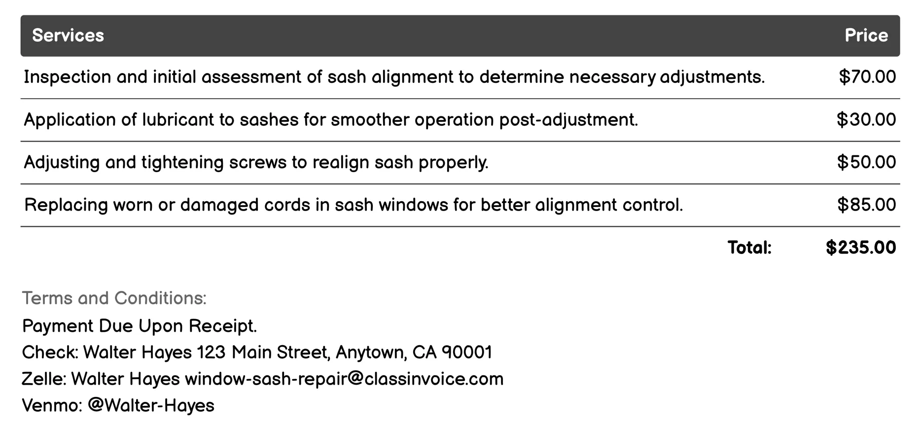Sash Alignment Adjustment Invoice Example
