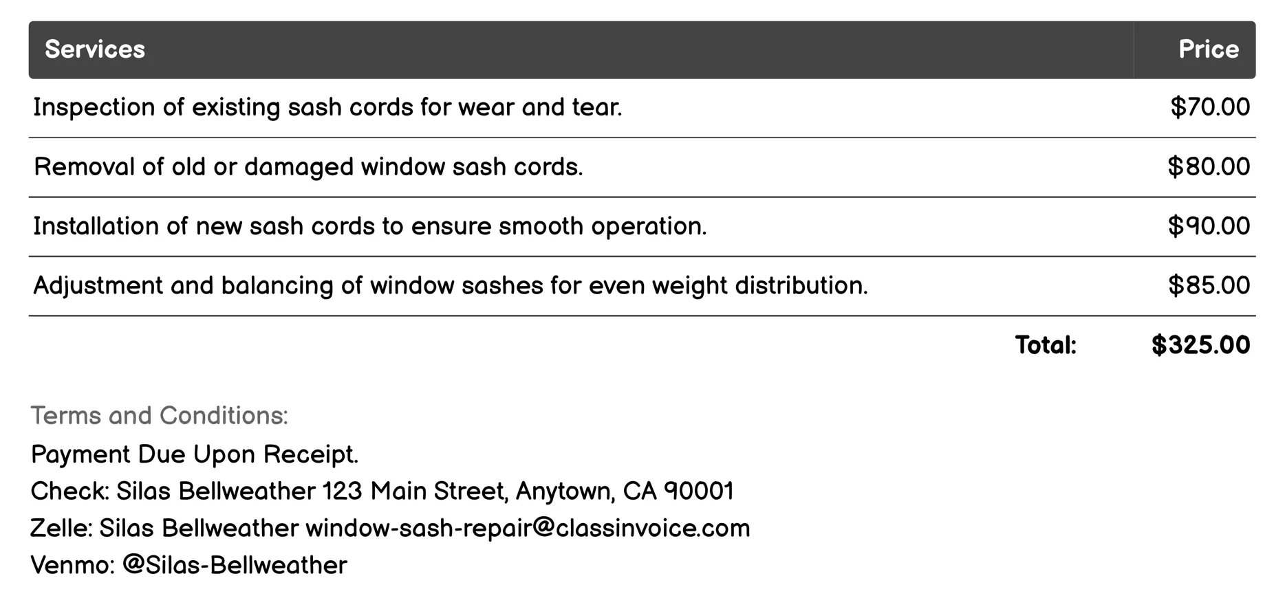 Sash Cord Rebalancing Invoice Example