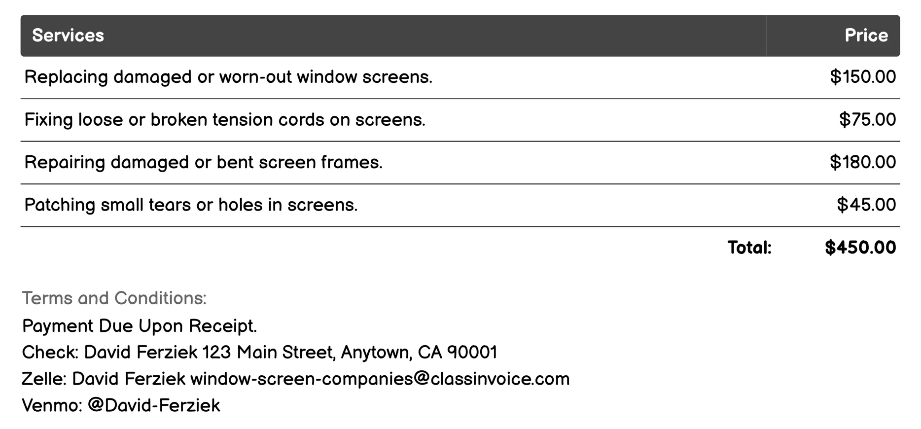 Repair Services Invoice Example