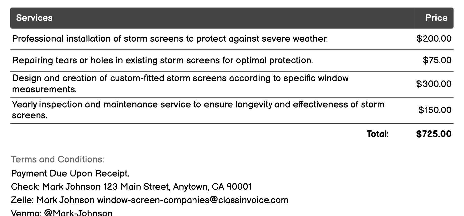 Storm Screen Services Invoice Example