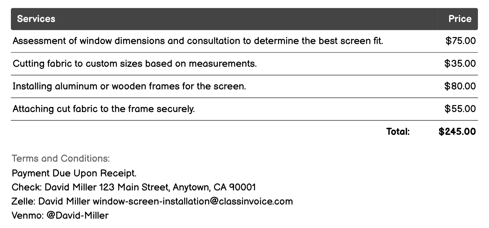 Custom Window Screen Fitting Invoice Example