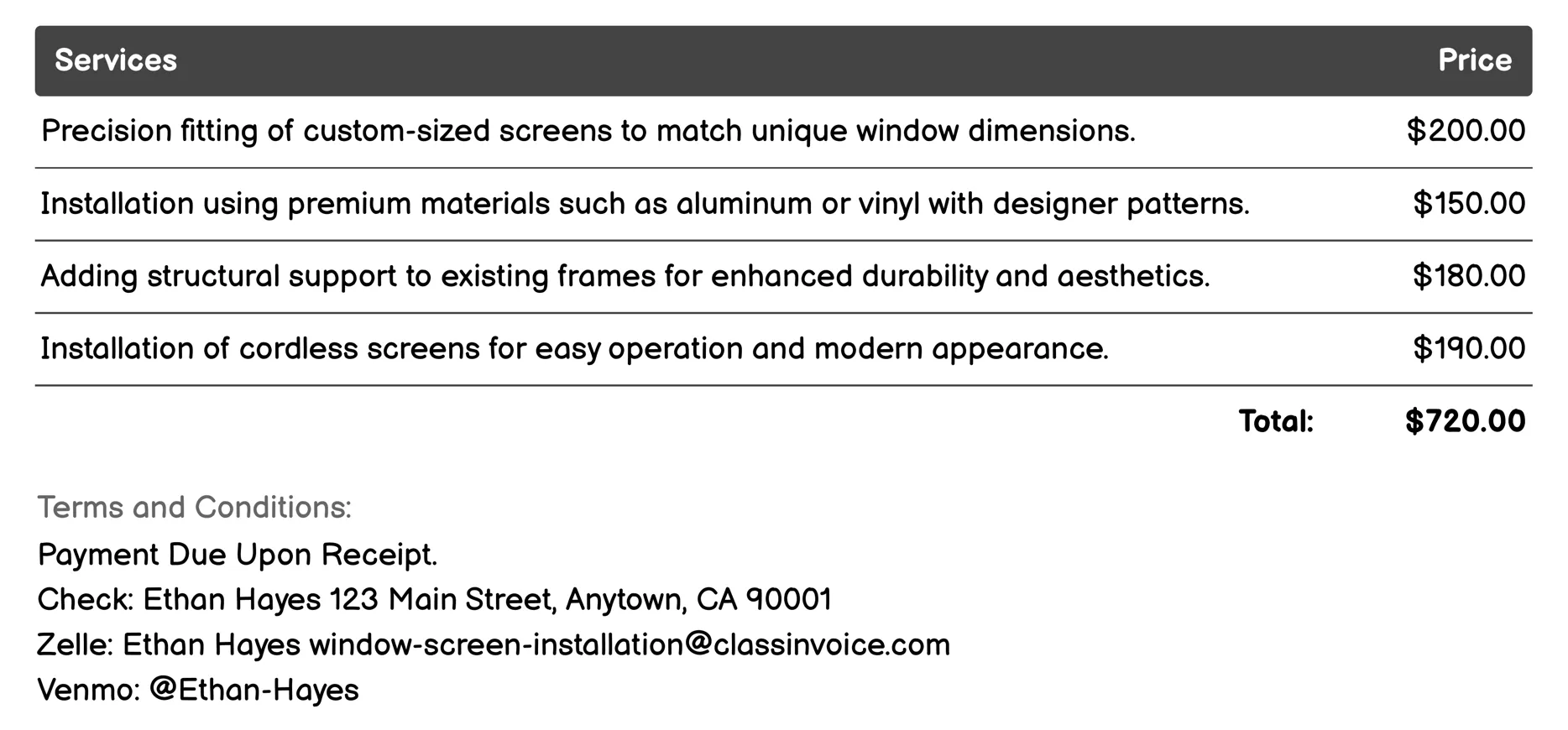 High-End Designer Screening Invoice Example