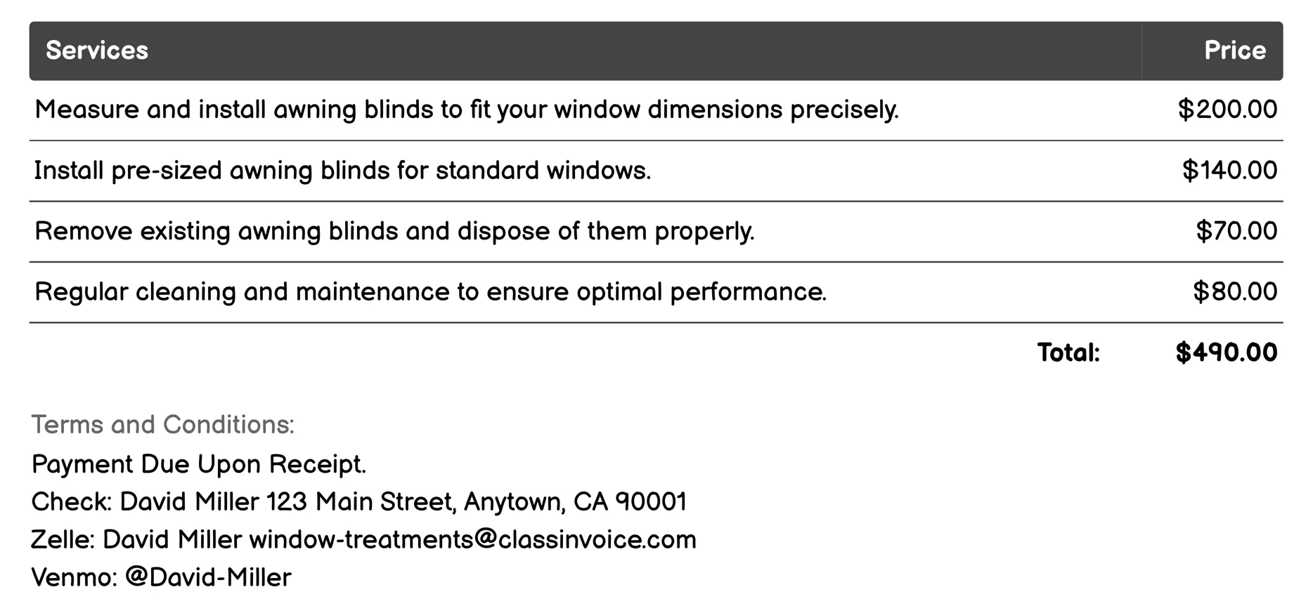 Awning Blinds Invoice Example