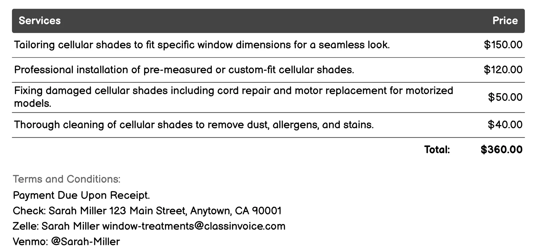 Cellular Shades (Honeycomb) Invoice Example