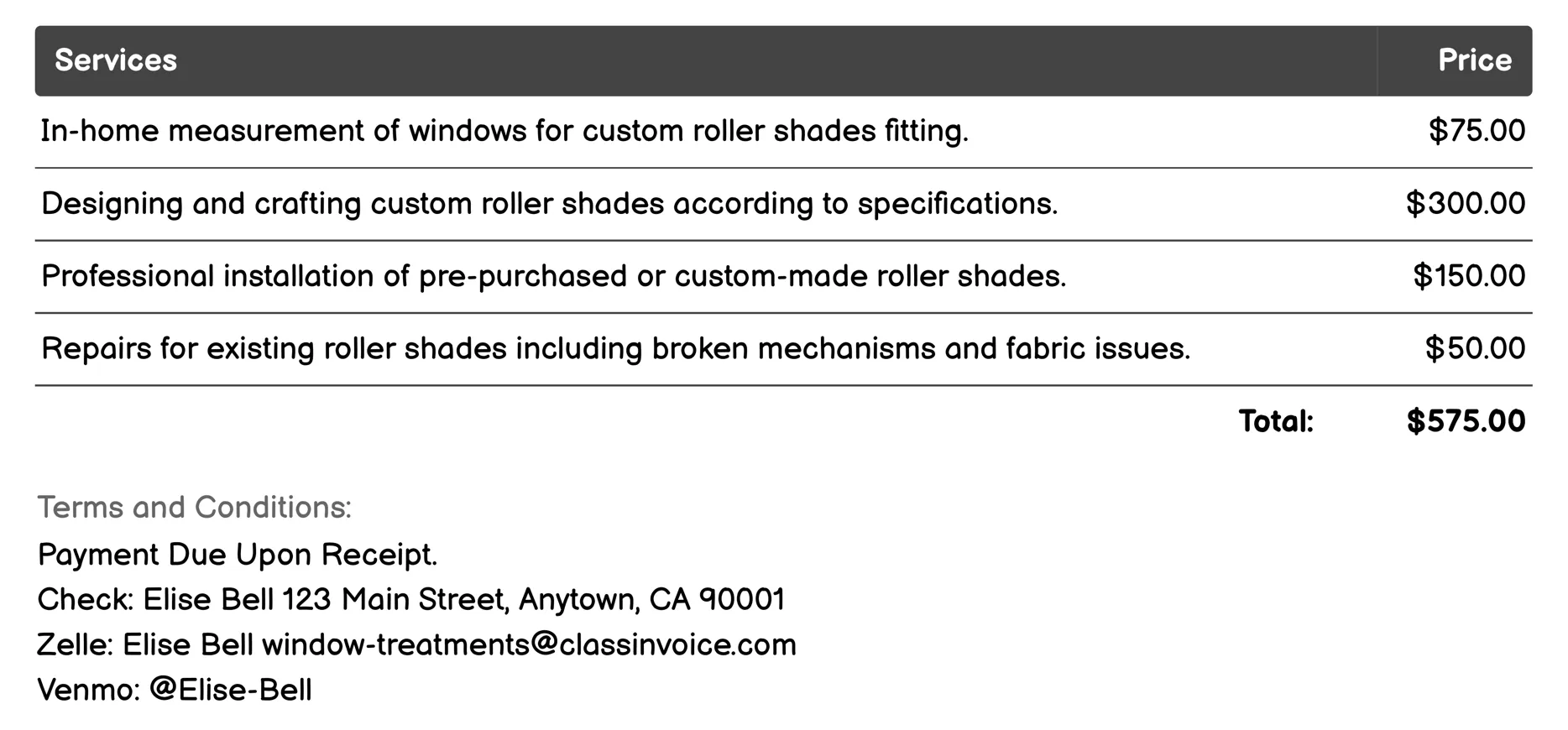 Roller Shades Invoice Example
