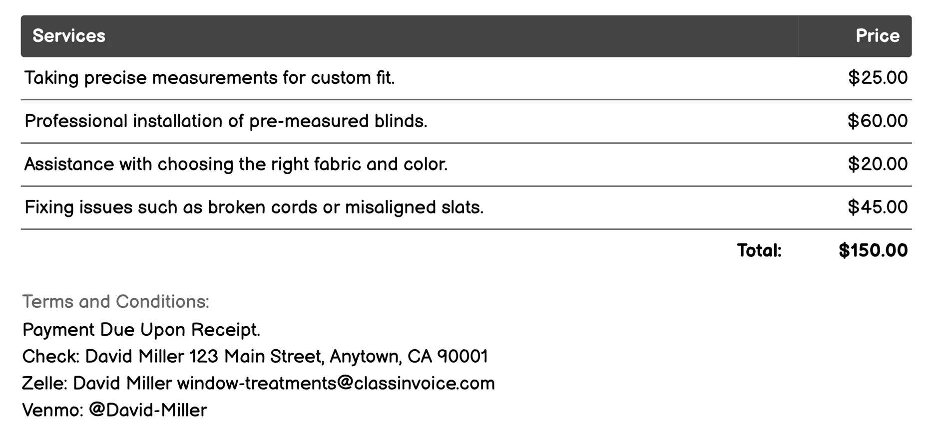 Roman Blinds Invoice Example