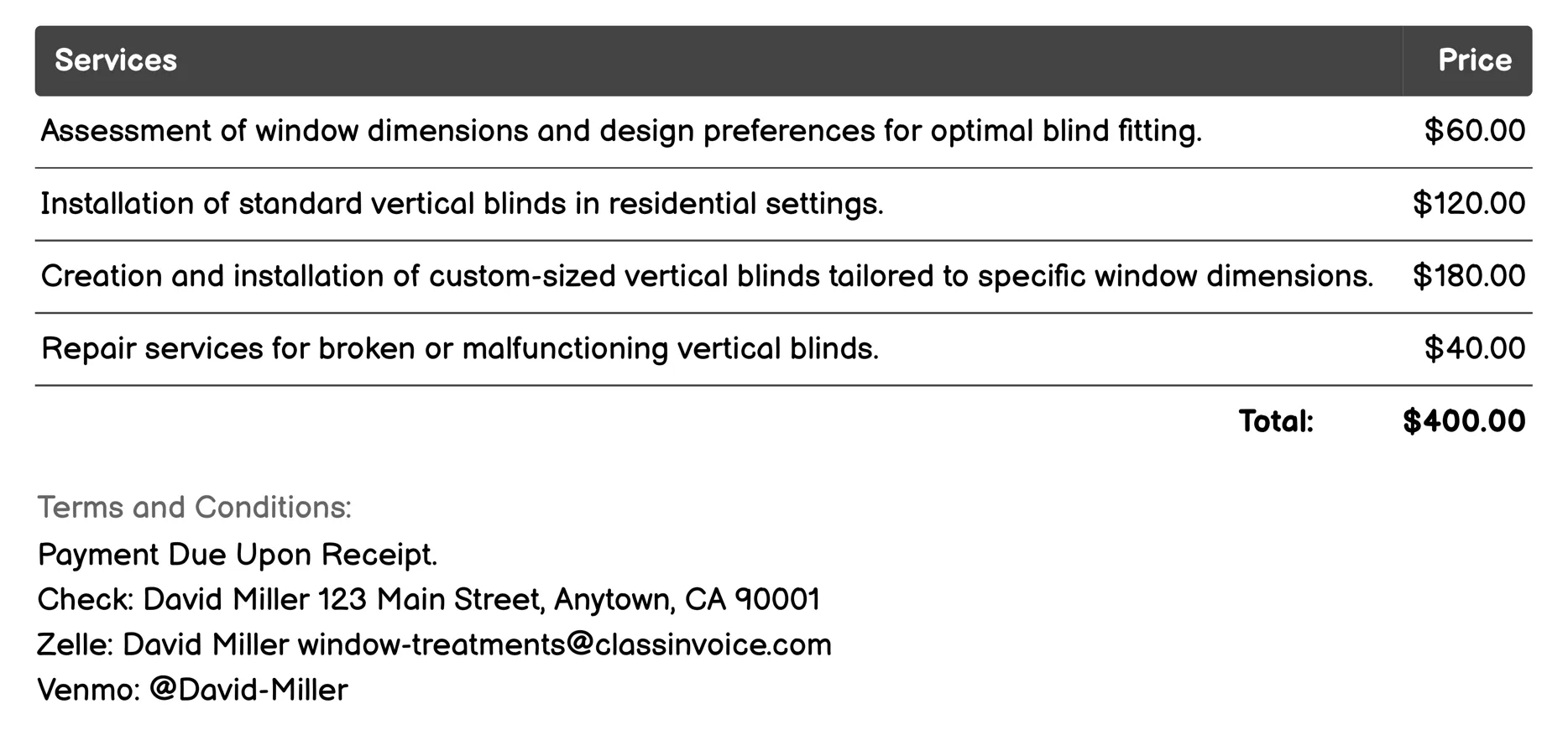 Vertical Blinds Invoice Example