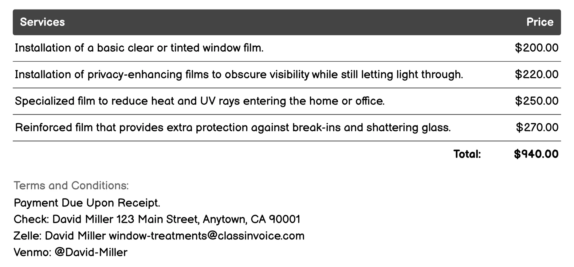 Window Film Installation Invoice Example