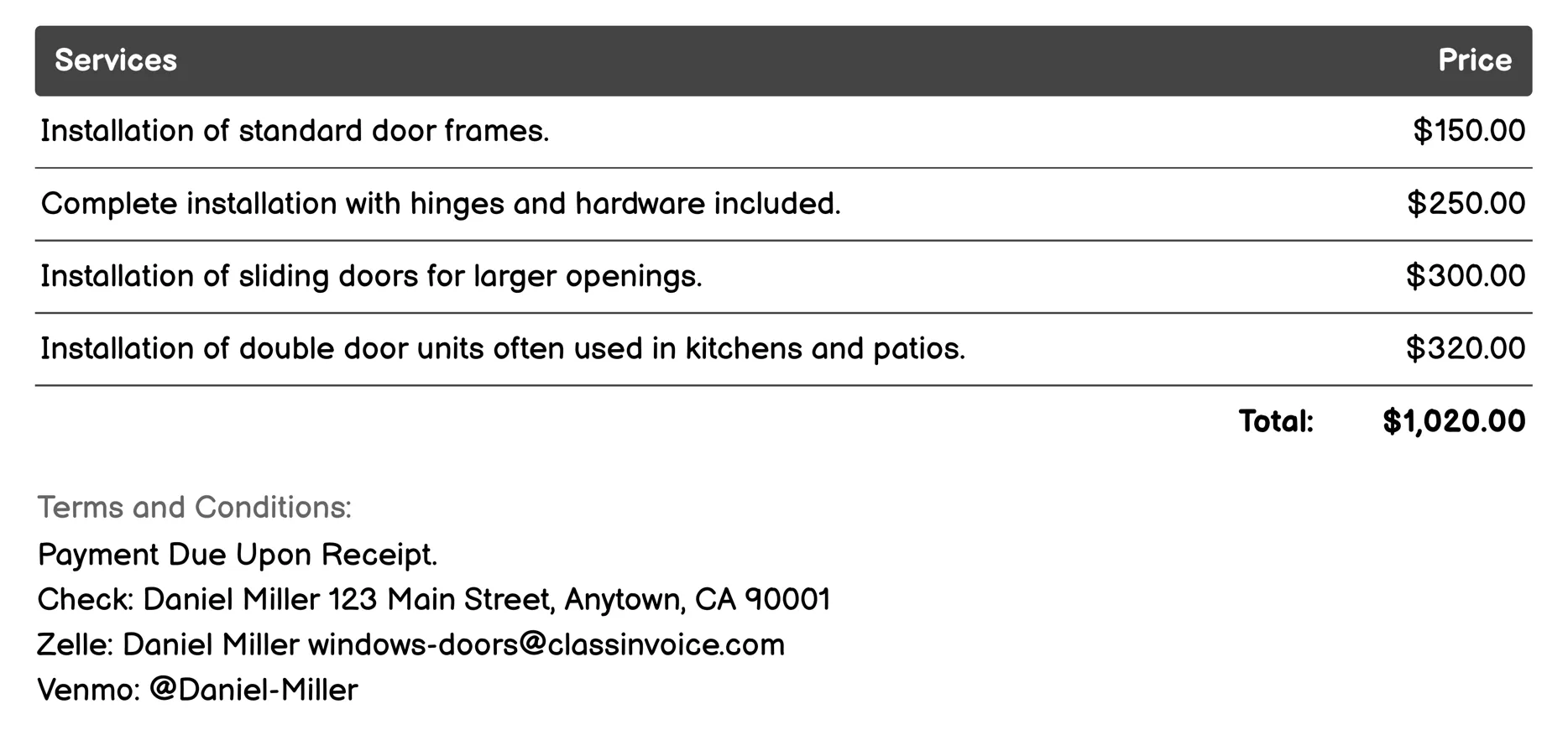 Door Installation Invoice Example