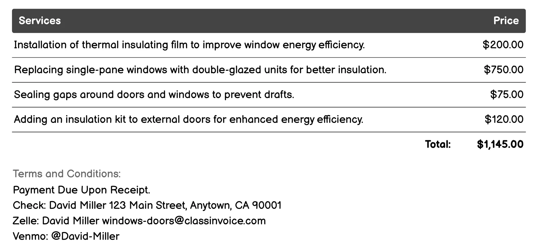 Energy Efficiency Upgrades Invoice Example
